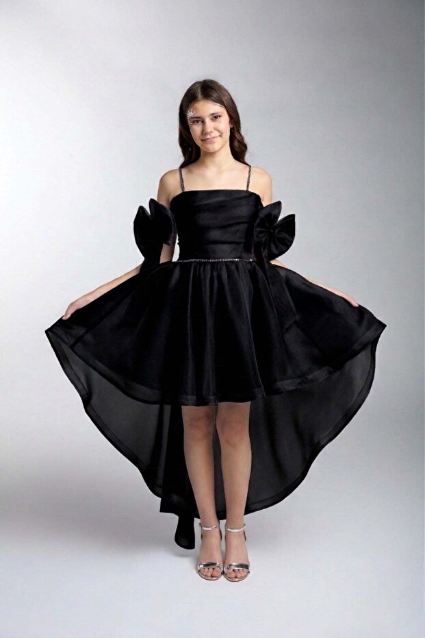 Mojo Girl's 10-15 Years Old Short Front Long Back Evening Dress Black