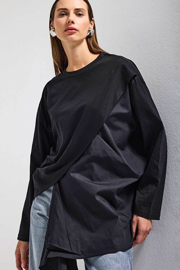 Kadın Siyah w5 Oversize Çift Parça Tasarım Gömlek Sweatshirt - 1