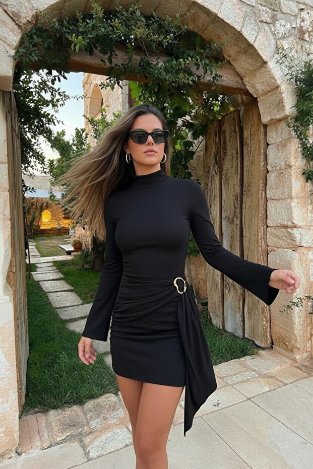Women's Mock Neck Mini Dress with Side Drape and Buckle Detail