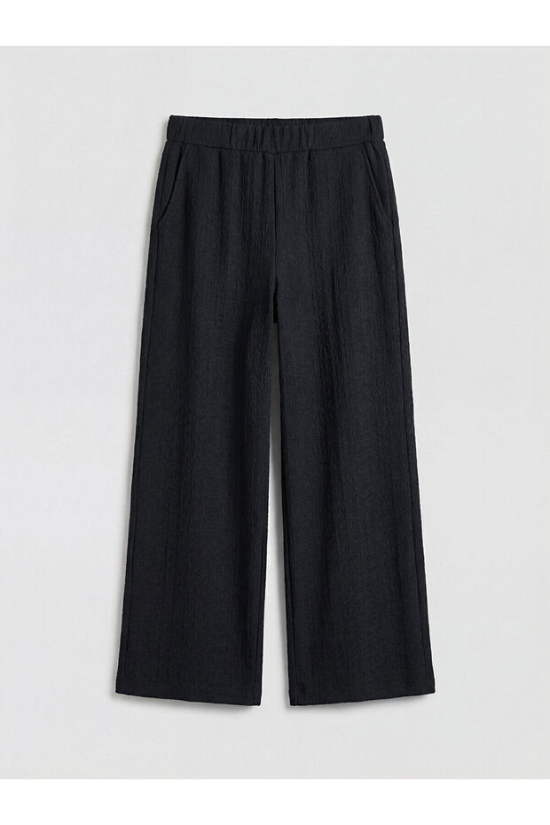 Black Textured Women's Trousers with Elastic Waist