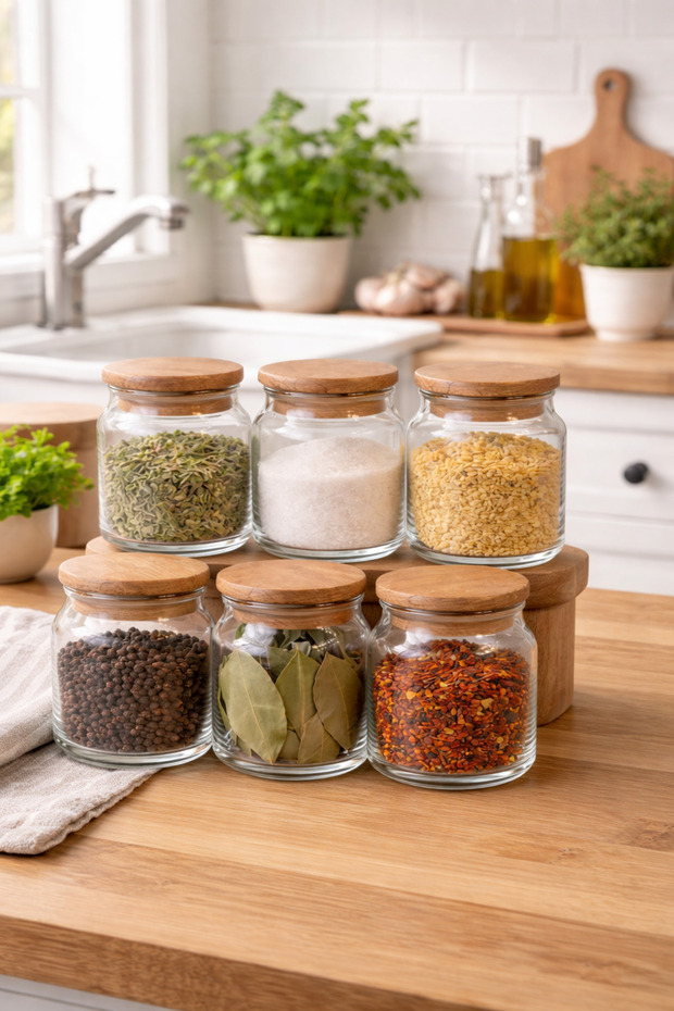 Pureglass Set of 6 300 ml Vacuum Glass Spice Containers with Natural Wooden Lids – Labeled, Leak-Proof Lids