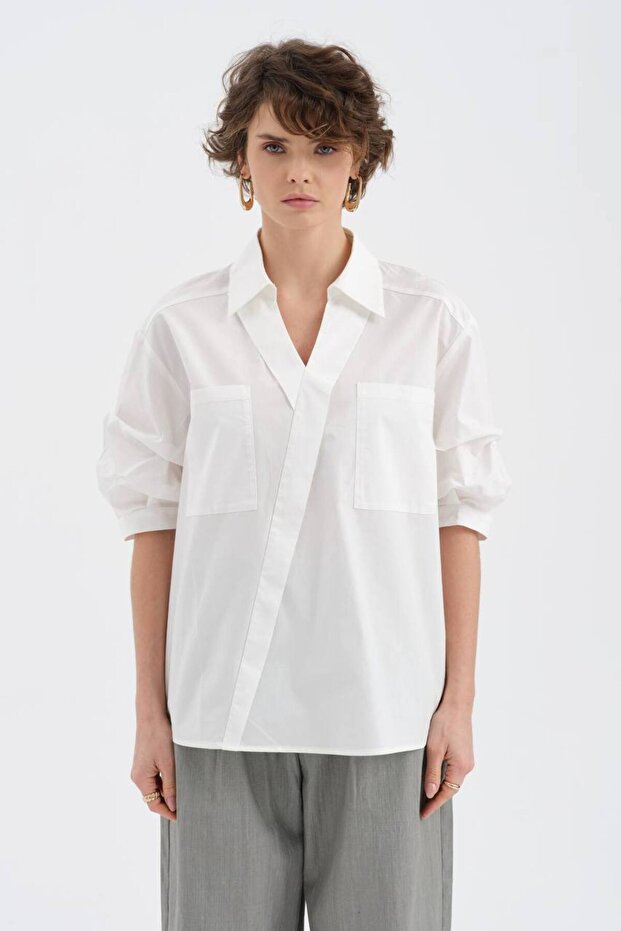 Women's Short Sleeve Design Shirt with V-Neck Front