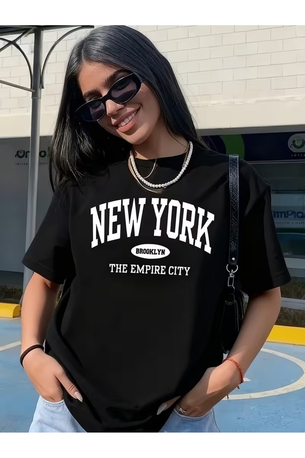 Women's Black New York Brooklyn Written Printed T-Shirt 100% Cotton Comfortable Casual Basic T-Shirt