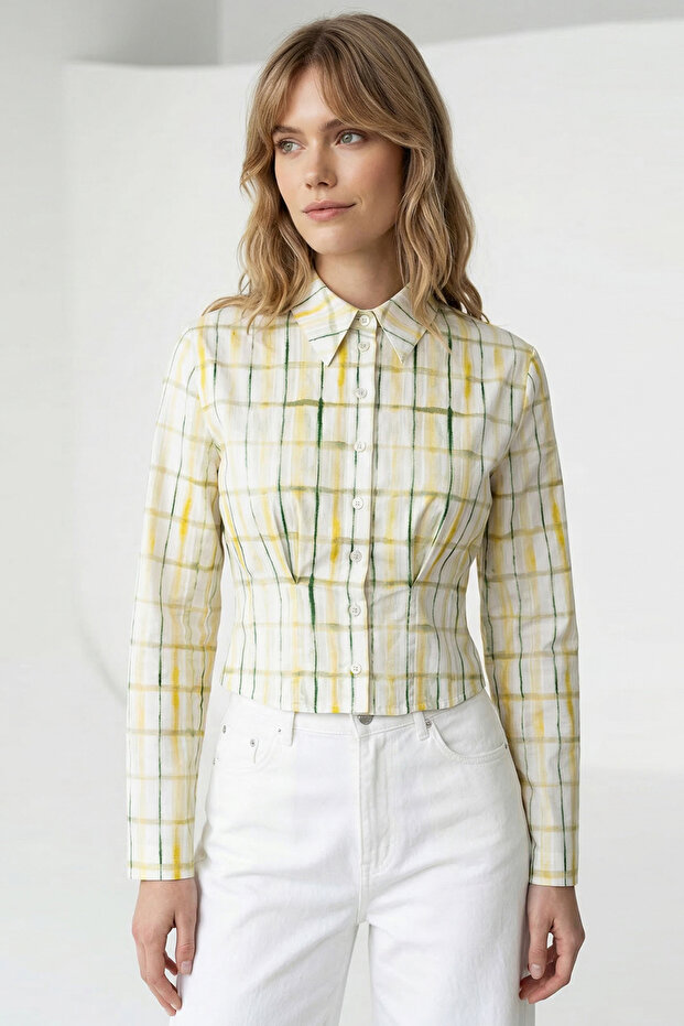 Shirt Collar Regular Shirt with Pile Detail and Long Sleeves Cropped