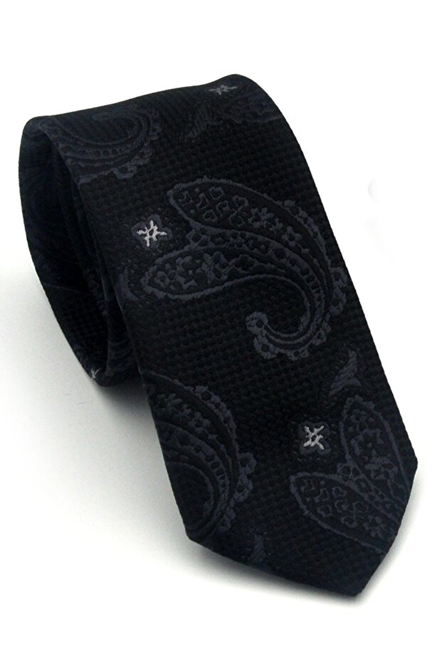 Gray Shawl Patterned Black Woven Fabric Handkerchiefs Slim Fit Ties // Sdk-2604-3