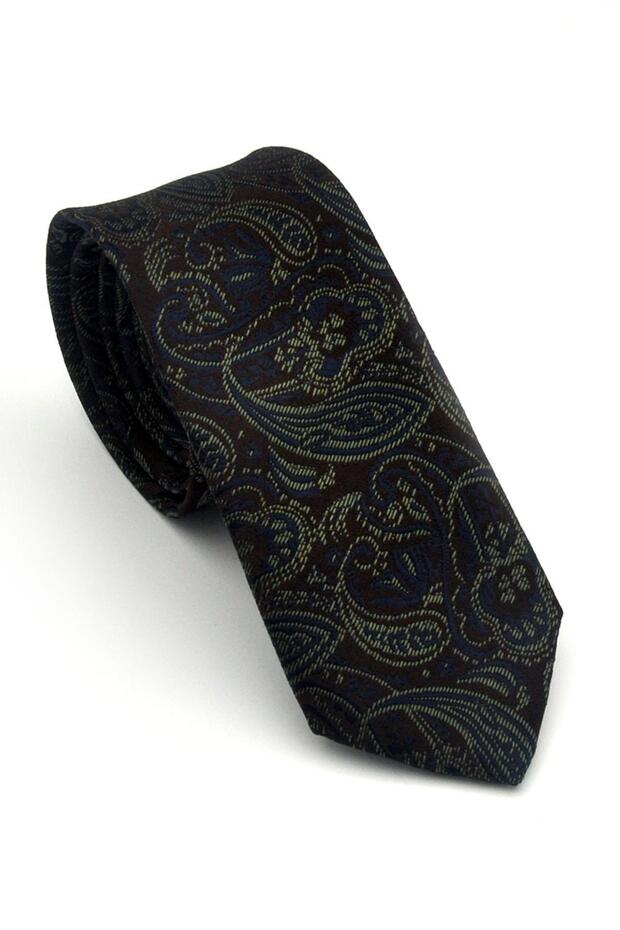 Green Navy Blue Shawl Patterned Brown Woven Fabric Handkerchiefs Slim Fit Ties // Sdk-2607-6