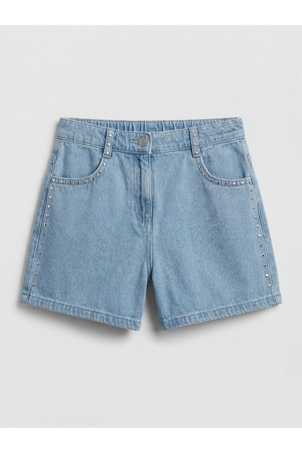 Blue Elastic Waist Staple Detailed Girls' Jean Shorts