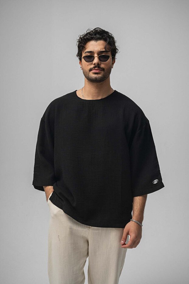 Muslin Fakir Sleeve Oversized Tshirt Black
