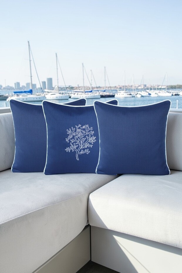 Cushion Cover 45X45 Set of 3 Marine Embroidered Seaweed Pattern Water-Repellent Outdoor K Linen Boat Garden