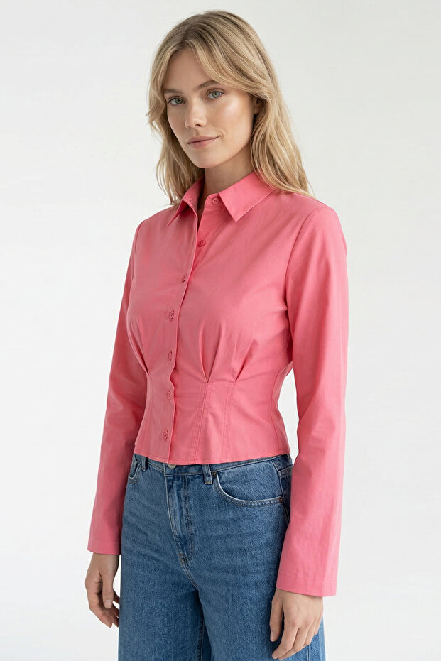Shirt Collar Long Sleeve Pleated Detailed Cropped Regular Shirt