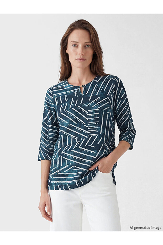Nevavm Oval Collar Patterned Blouse with a Difference