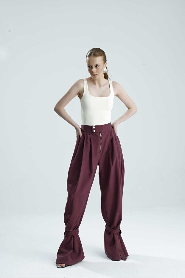 Mara Paça Belt Detail Plum Pants