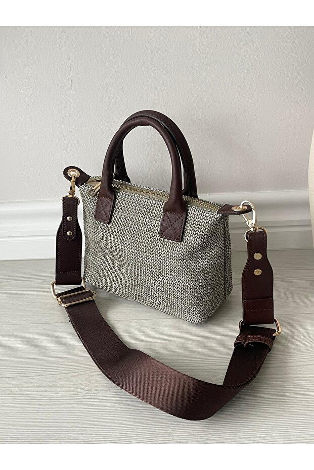 Brown-Grey Straw Women's Mini Letter Model Handbag and Shoulder Bag