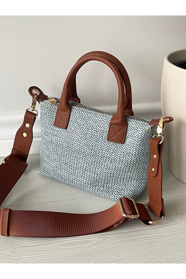 Gray-Tan Straw Women's Mini Letter Model Handbag and Shoulder Bag