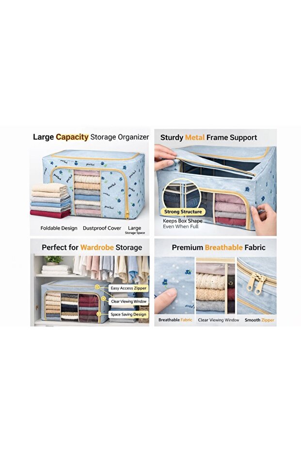 Foldable Clothes Storage Box with Steel Frame– Organizer - صندوق تخزين ملابس قابل للطي مع هيكل معدني