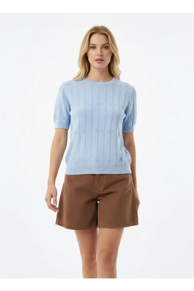 Women's Crew Neck Knit Detail Basic Knitwear Sweater 12464