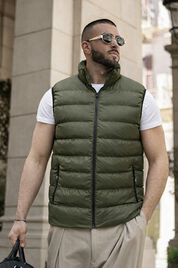 Men's Winter Lined Basic Khaki Puffer Vest