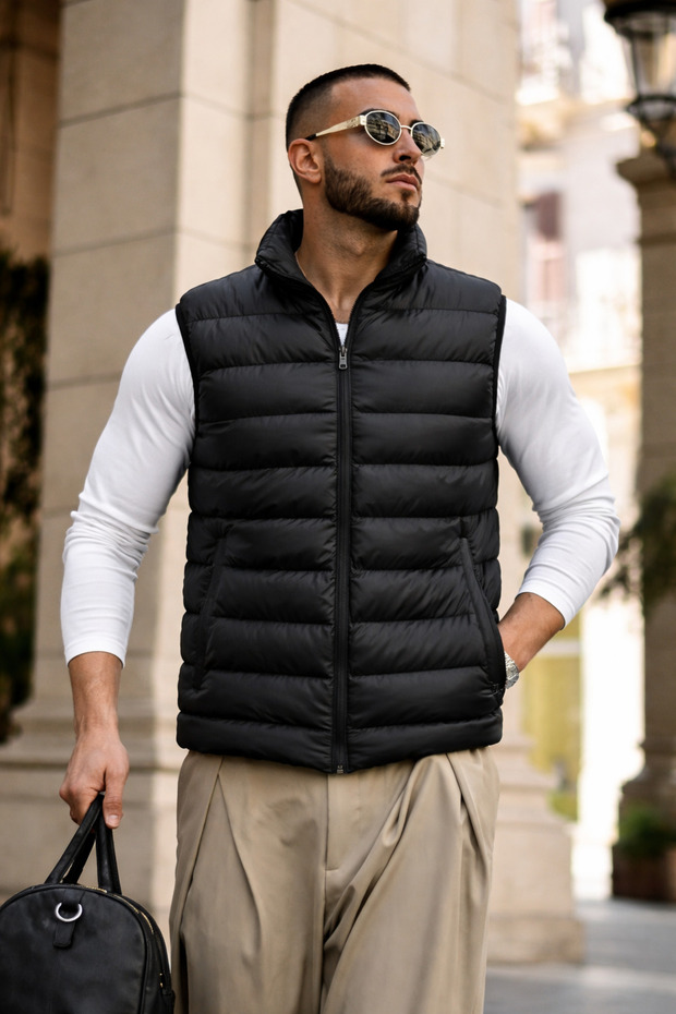 Men's Winter Lined Basic Black Puffer Vest