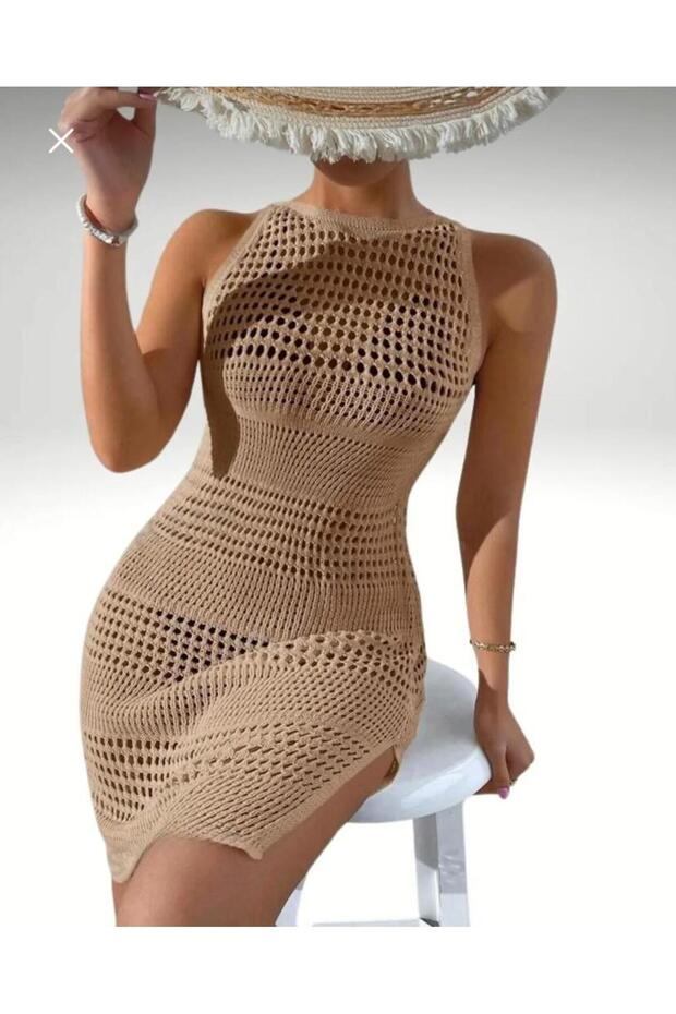 Beach Dress Lace-Like Knit Pattern Bikini Top Crew Neck Sleeveless Beach Dress