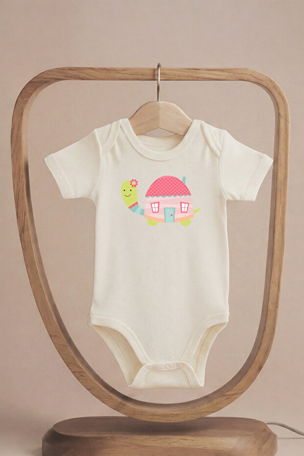 Organic 100% Cotton Pack Cute Turtle Printed Short Sleeve Snap Fastener Baby Bodysuit