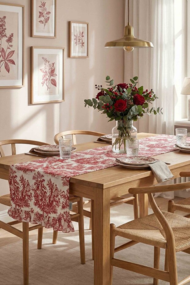 Decorative Ruffled Burgundy Toile Table Runner – Water-Repellent P Cotton Blend 140X45 cm
