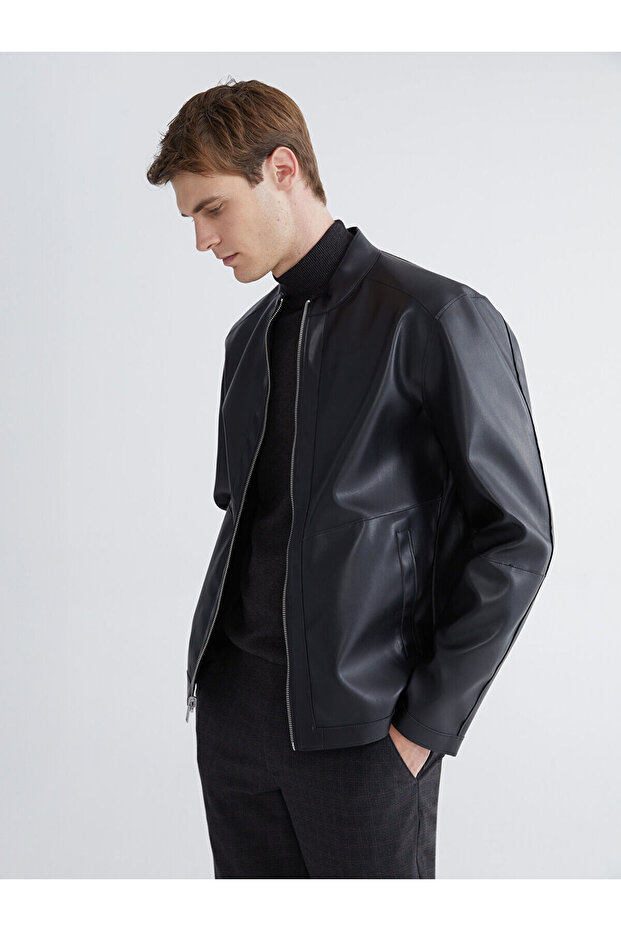 Southblue Black Stand Collar Men's Leather Look Jacket