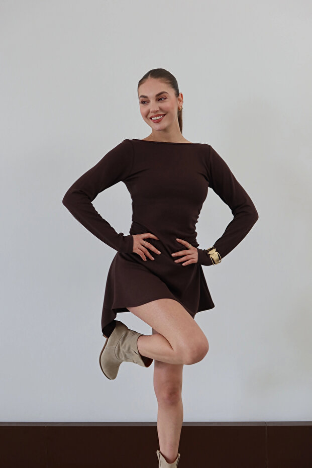 Back Detail Long Sleeve Dress Brown