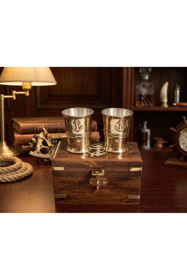 Set of 2 Brass Shot Glasses with Wooden Box