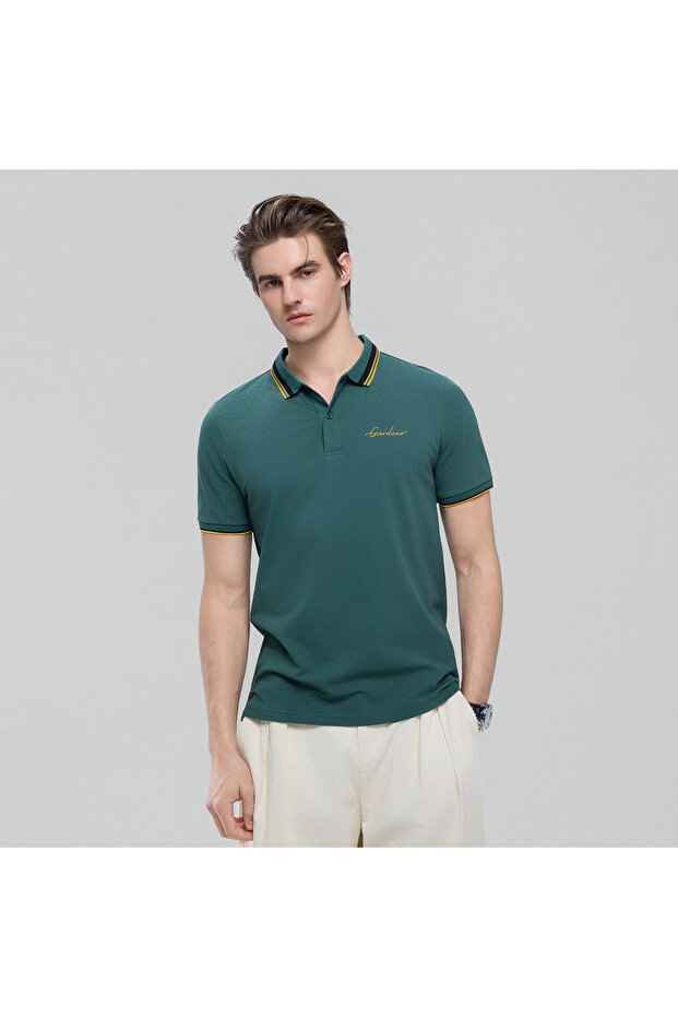 Men’s Slim Pique Polo with Contrast Collar & Signature Embroidery