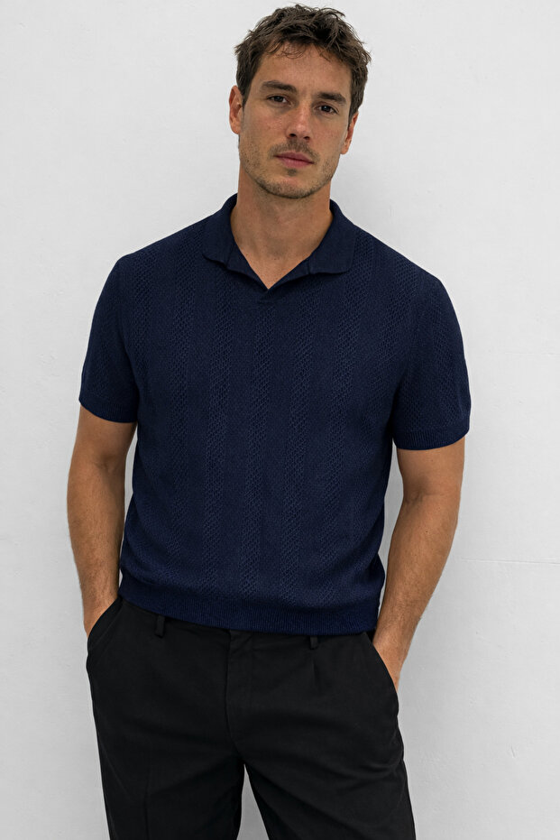 Men's Polo Collar Knitwear T-Shirt Navy Blue Summer Breathable Casual Stylish Basic New Season