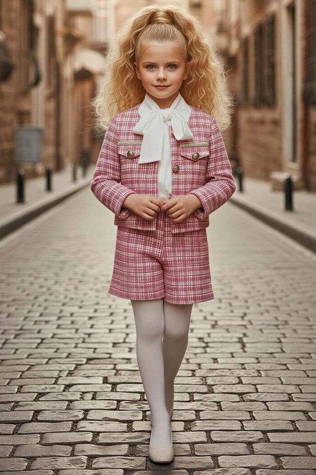 Girl's Square Line and Gold Button Jacket, Scarf Shirt, Plaid Detailed Pink Chanel Shorts Set