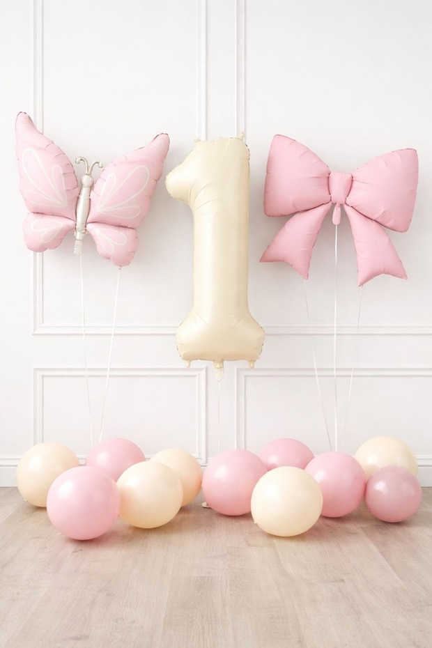 Butterfly Themed 1St Birthday Balloon Set – Pink Bow, Butterfly and 1 Number Foil Balloon