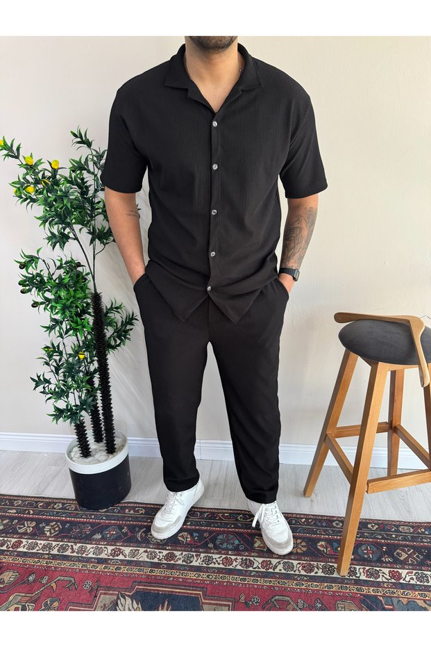 Ottoman Corded Fabric Summer Short Sleeve Shirt and Pants Set 2-Piece Set