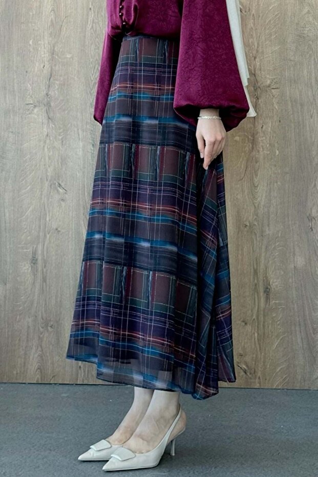 Chiffon Patterned Skirt Checked - 4