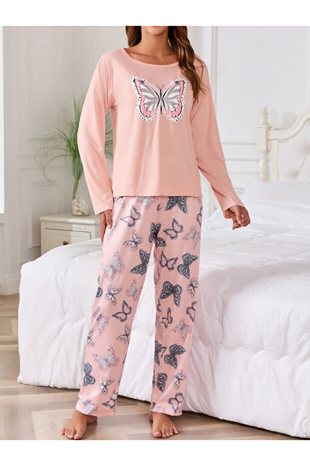 Light Pink Butterfly Print T-Shirt and Pyjama Set