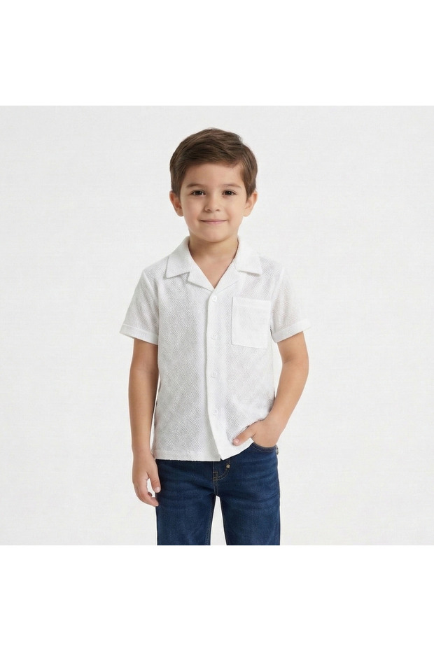 Toddler Boys Textured Button‑Down Shirt – Short Sleeve Resort Collar Cotton Top