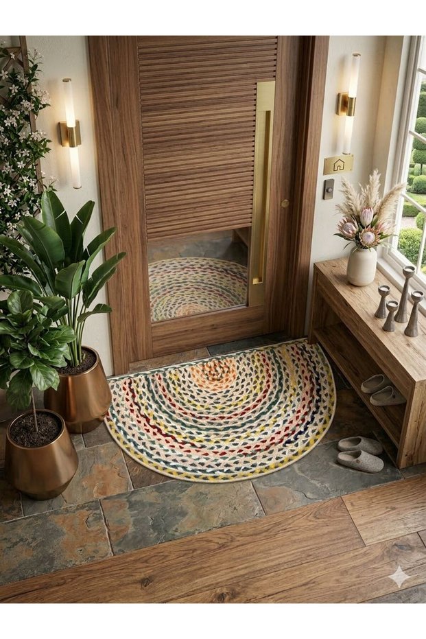 Colorful Knitted Patterned Half Moon Door Mat | For Doorway, Balcony and Entrance