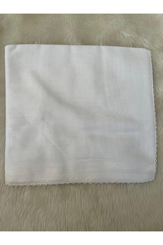 Handmade Crochet-Edged White Tulle Bent Scarf and Prayer Mat