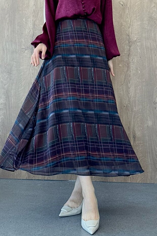 Chiffon Patterned Skirt Checked - 3