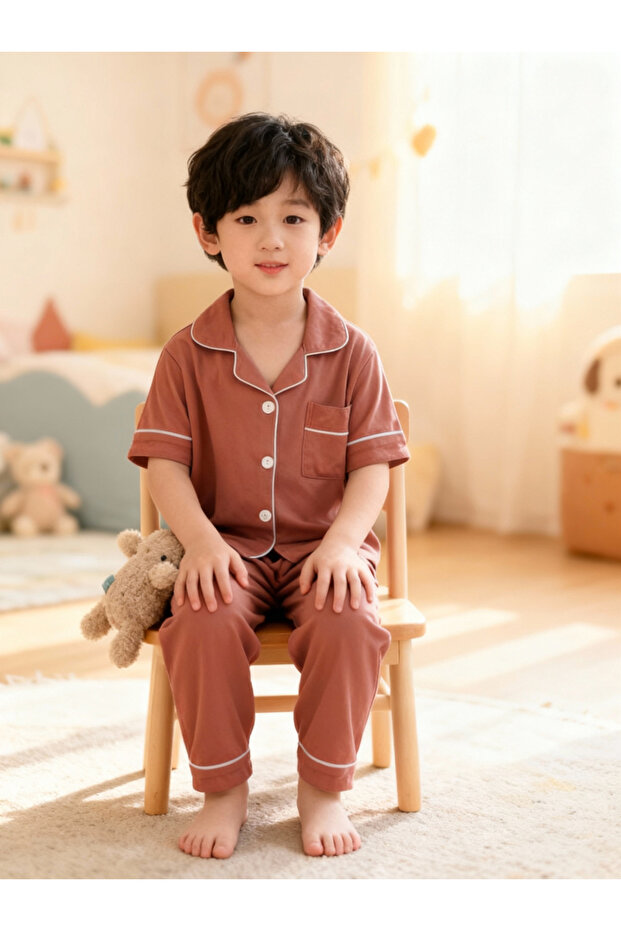 Boys Coffee Brown Short Sleeve Shirt and Pyjama Set