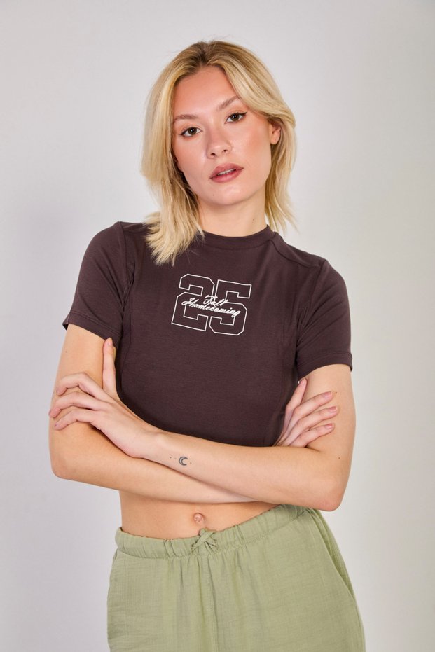 Women's number print crop bodysuit - burnt brown