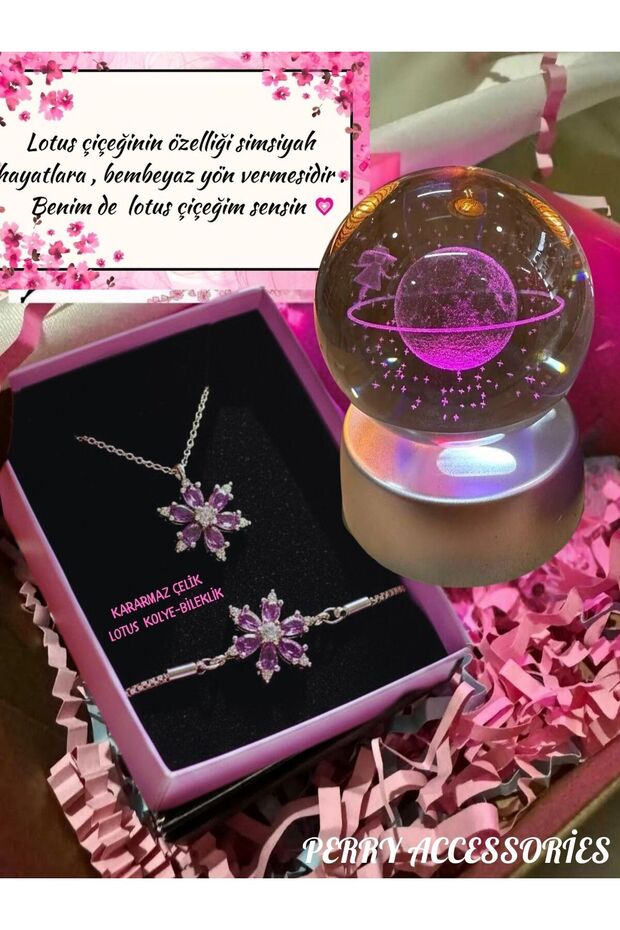 Le Manolia Accessories kararmaz çelik mor lotus kolye ve bileklik ve satürn kız kar küresi hediye seti