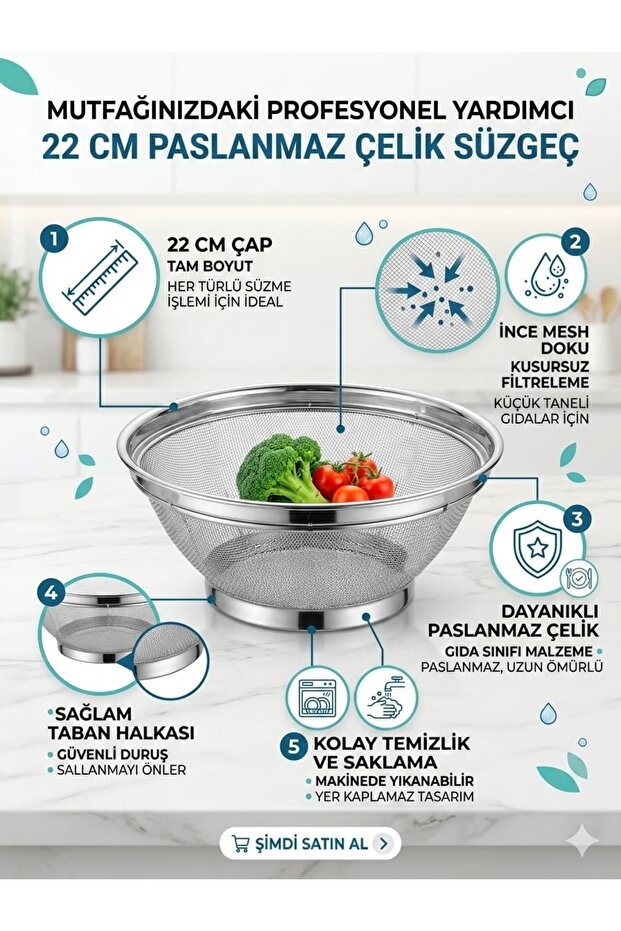 22 cm Stainless Steel Strainer - Fine Mesh, Wire Pasta and Rice Strainer with Stand