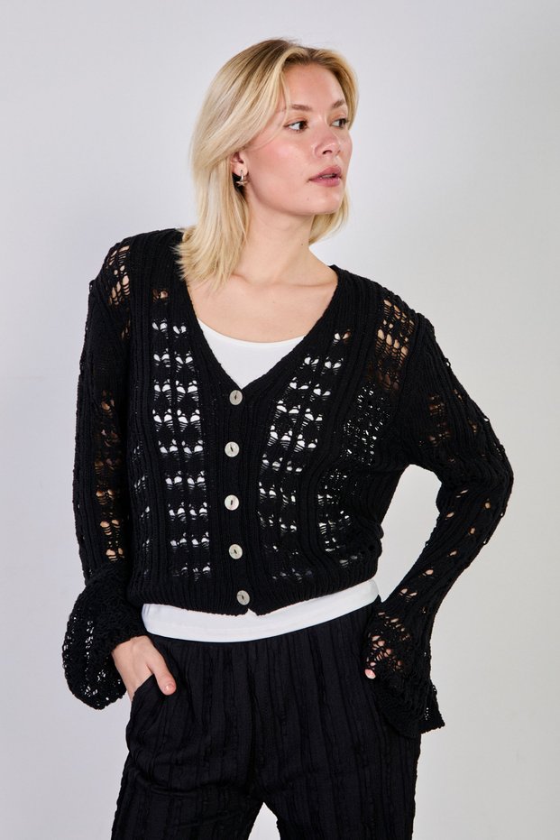 Women's Spanish Sleeve a Lace-Like Knit Cardigan - Black