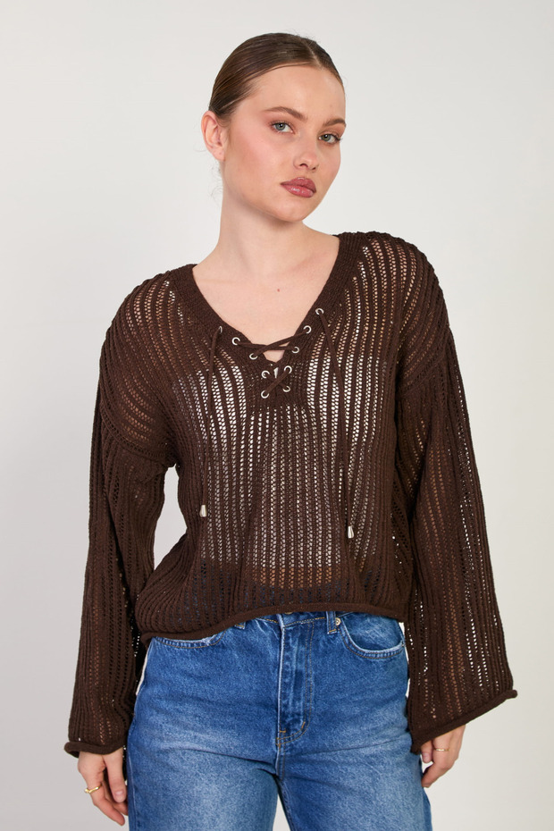 Women's collar lace-up Lace-Like Knit sweater - dark brown