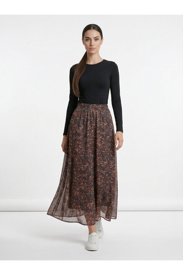 Apsen Women's Brown Leopard Printed Pack Elastic Waist Maxi Skirt Drapey A-Line Lined 2204-90