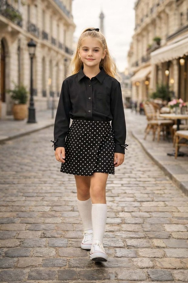 Girl's Polka Dot Pattern Shirt - Shorts Skirt Top and Bottom Set - Black - 3-4 Years