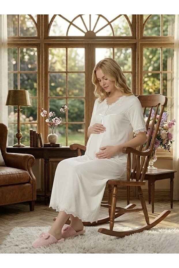New Season Ecru Summer Lace Embroidered Design Buttoned Short Sleeve 100% P Cotton Maternity Nightgown