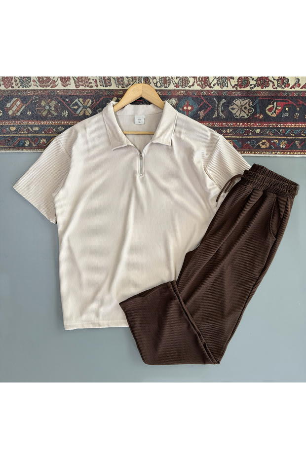 Men's Baggy 2-Piece Set Corded Fabric T-Shirt and Pants