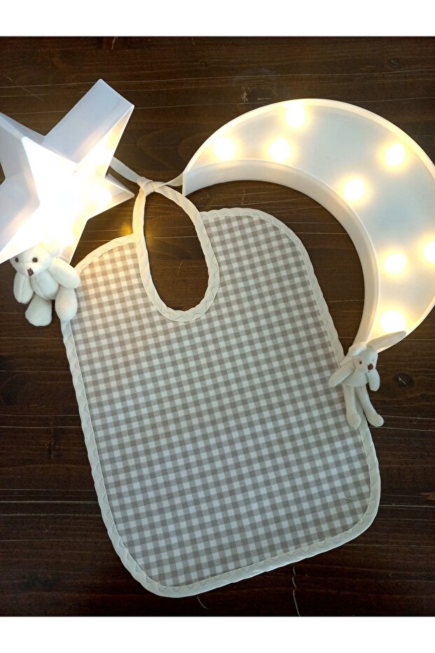 Beige Checked Baby Food Bib (6-12 Months)